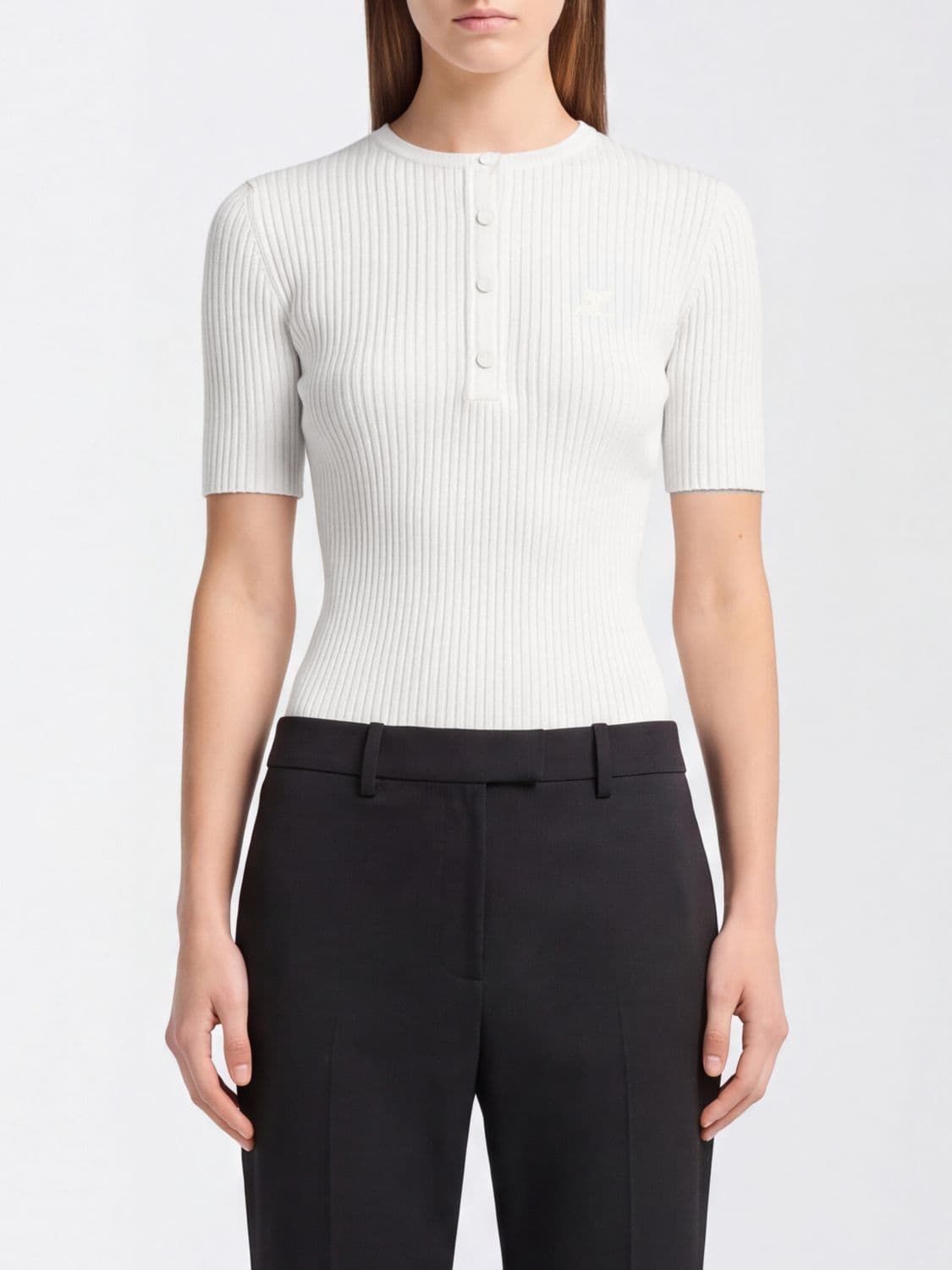 Courrèges Slim Fit Short-Sleeved Knit Top with a Buttoned Neckline · S