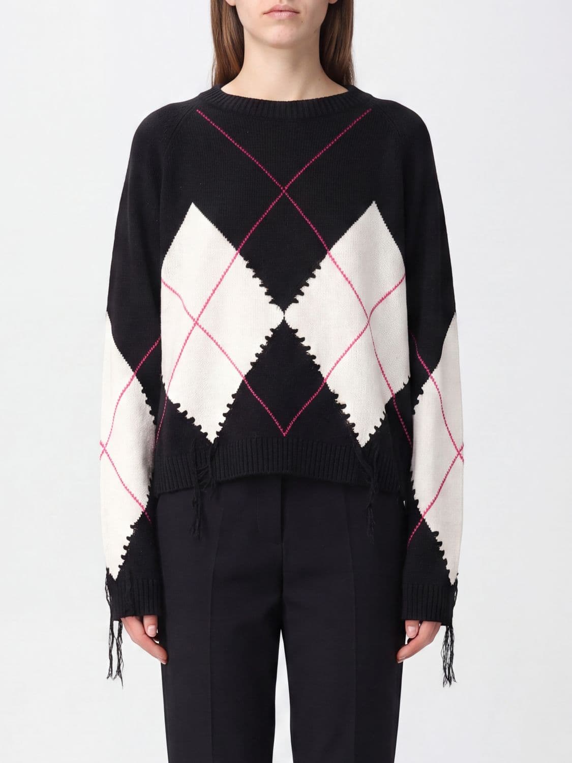 Pinko Berna Argyle Wool and Cashmere Jumper with Fringe Details