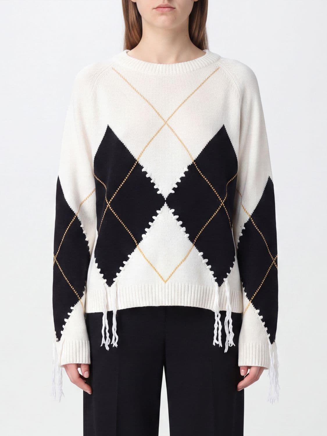 Pinko Berna Argyle Wool and Cashmere Jumper with Fringe Details