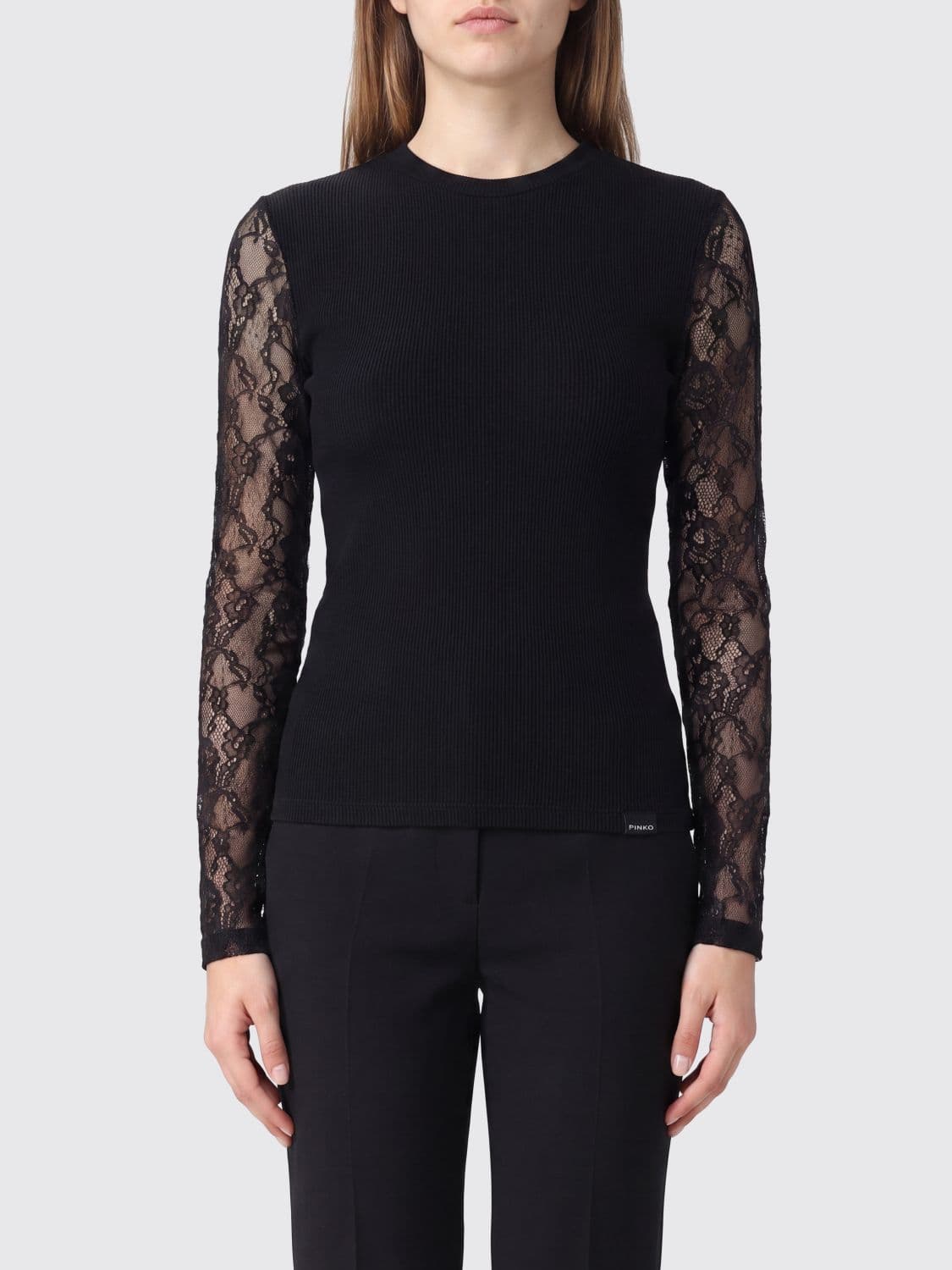 Pinko Long-Sleeved Crewneck Lace and Wool Evening Top with a Slim Fit