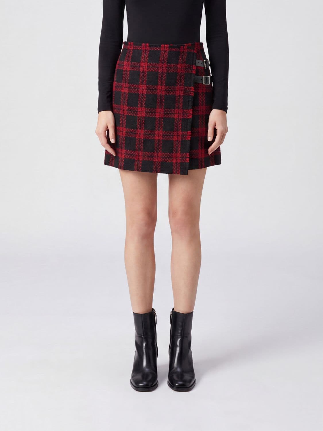 Pinko Check Pattern Wool Blend Wrap Mini Skirt
