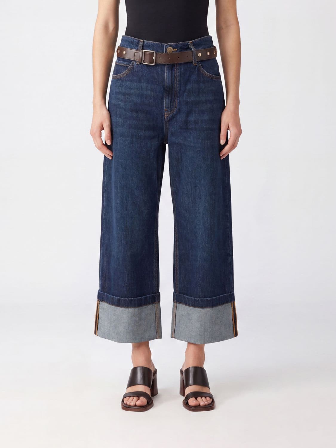 Pinko Cropped Wide-Leg Denim Jeans with Cuffed Hem