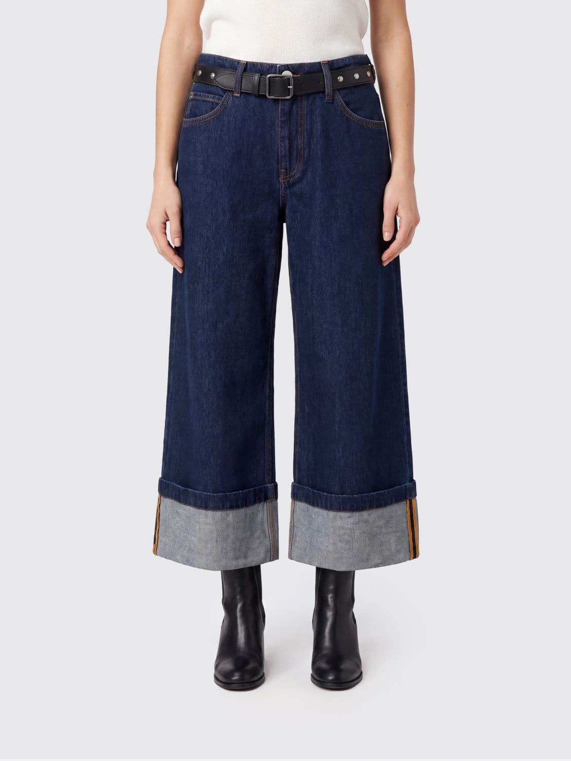 Pinko Cropped Wide-Leg Denim Jeans with Cuffed Hem