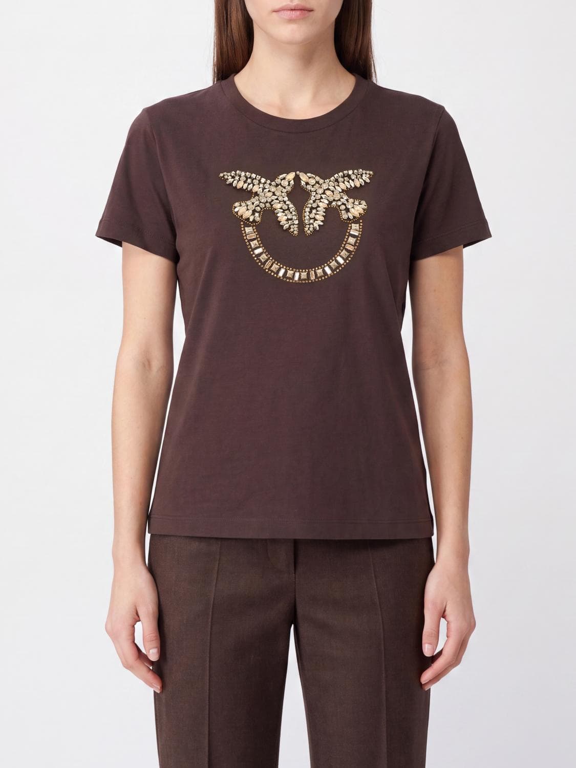 Pinko Slim Fit Cotton T-Shirt with Rhinestone-Embellished Love Birds Logo
