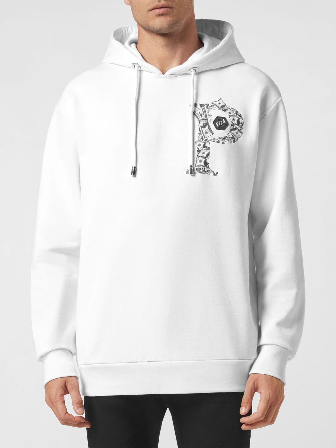 Philipp Plein Hexagon Logo and Monogram Print Cotton Hoodie with Drawstring