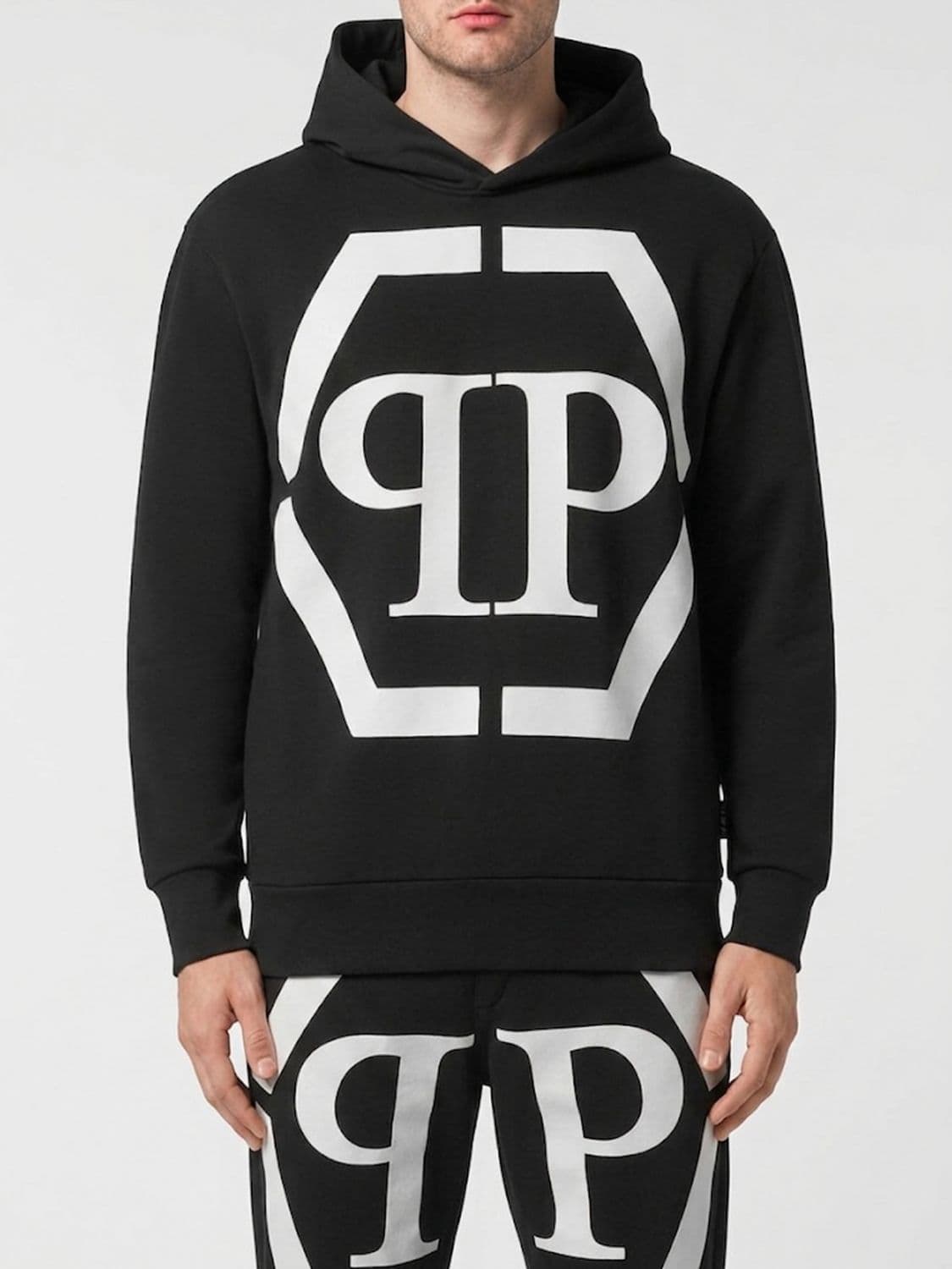 Philipp Plein Monogram Print Cotton Hoodie with Hexagon Logo and Dropped Shoulders