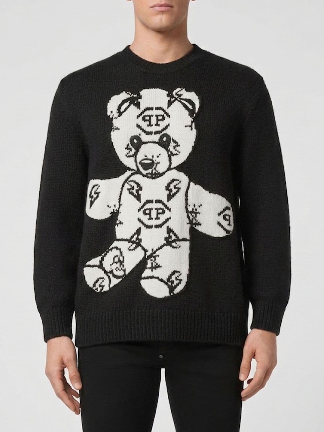 Philipp Plein Teddy Bear Print Wool Blend Crewneck Jumper with Jacquard Logo