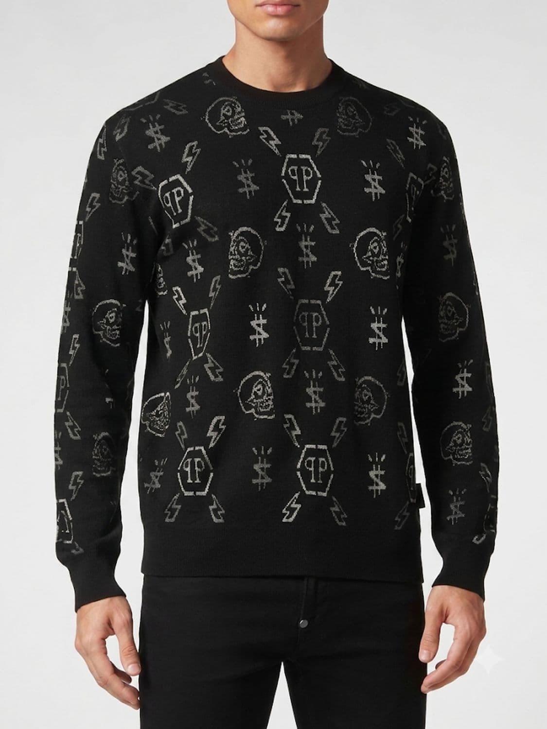 Philipp Plein Skull Motif Merino Wool Crewneck Jumper with Jacquard Monogram
