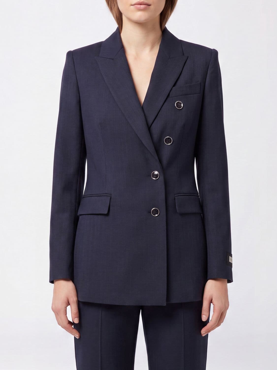 Pinko Double-Breasted Slim Fit Wool Blend Blazer with Peak Lapels