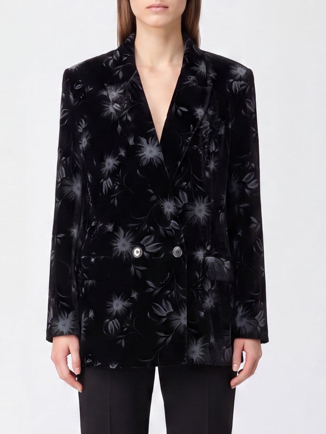 Pinko Double-Breasted Abstract Print Velvet Blazer with Padded Shoulders