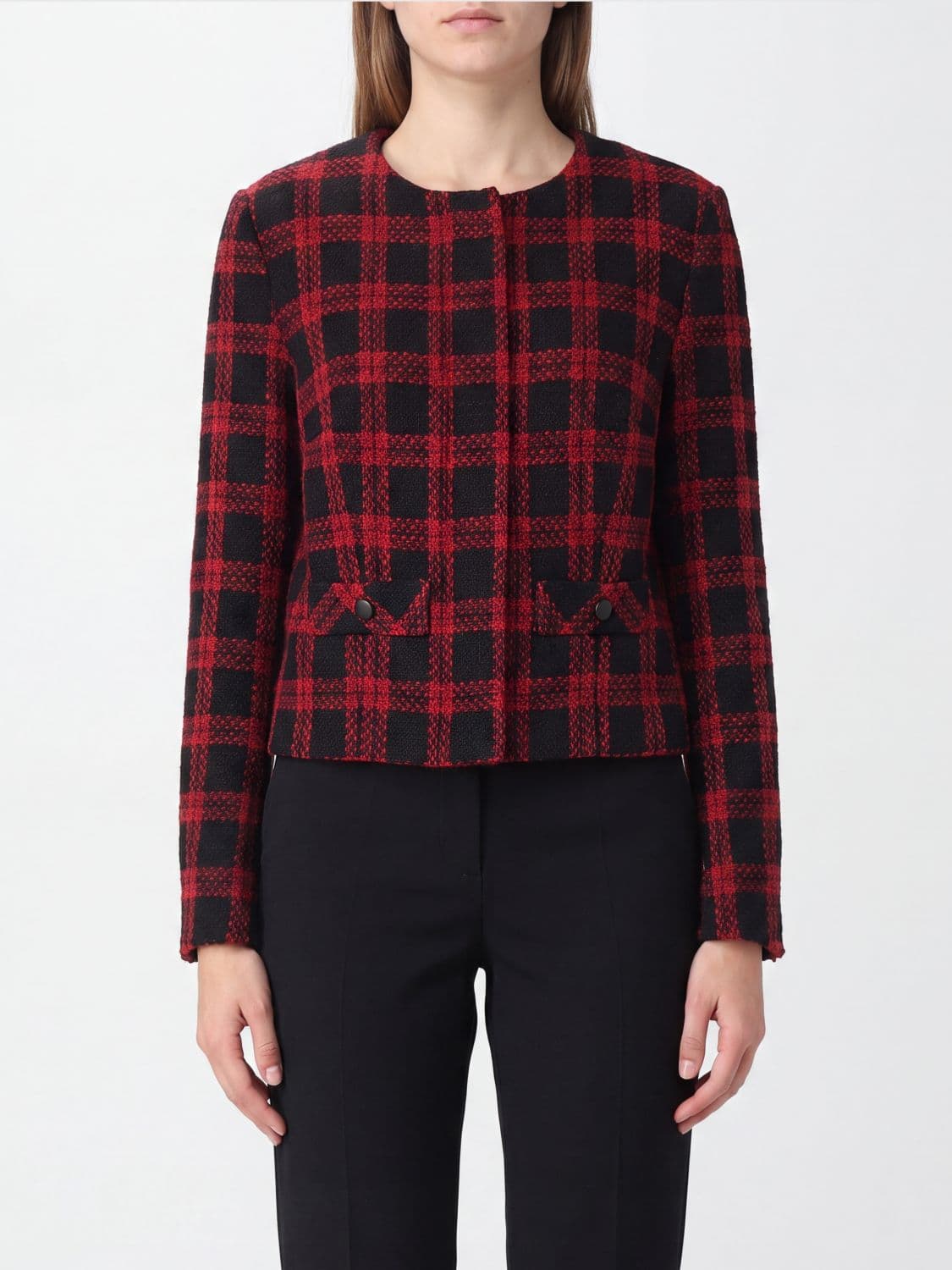 Pinko Slim Fit Cropped Check Wool Tweed Jacket with Crew Neck