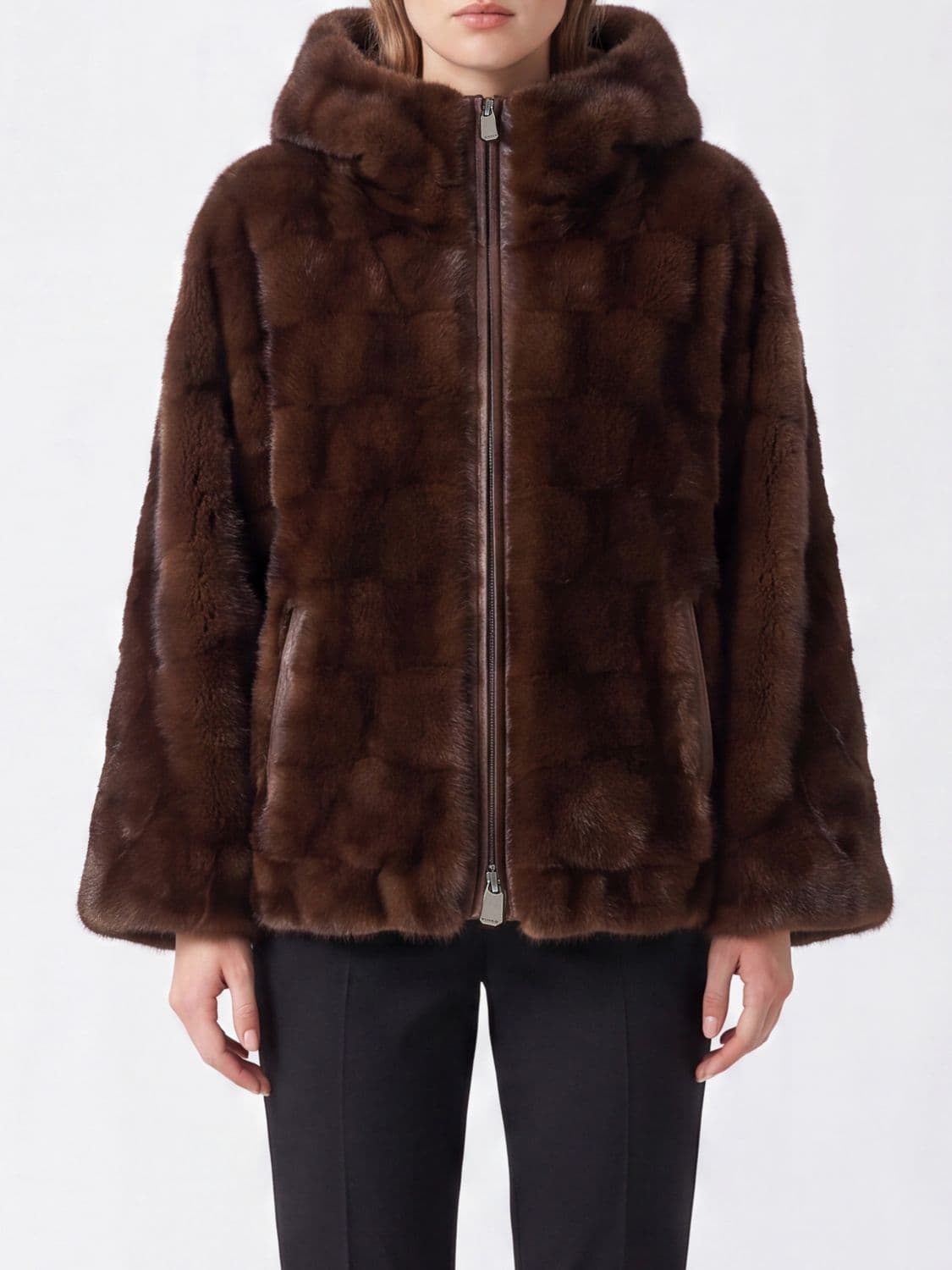 Pinko Hooded Faux Fur Jacket with Front Zip Closure