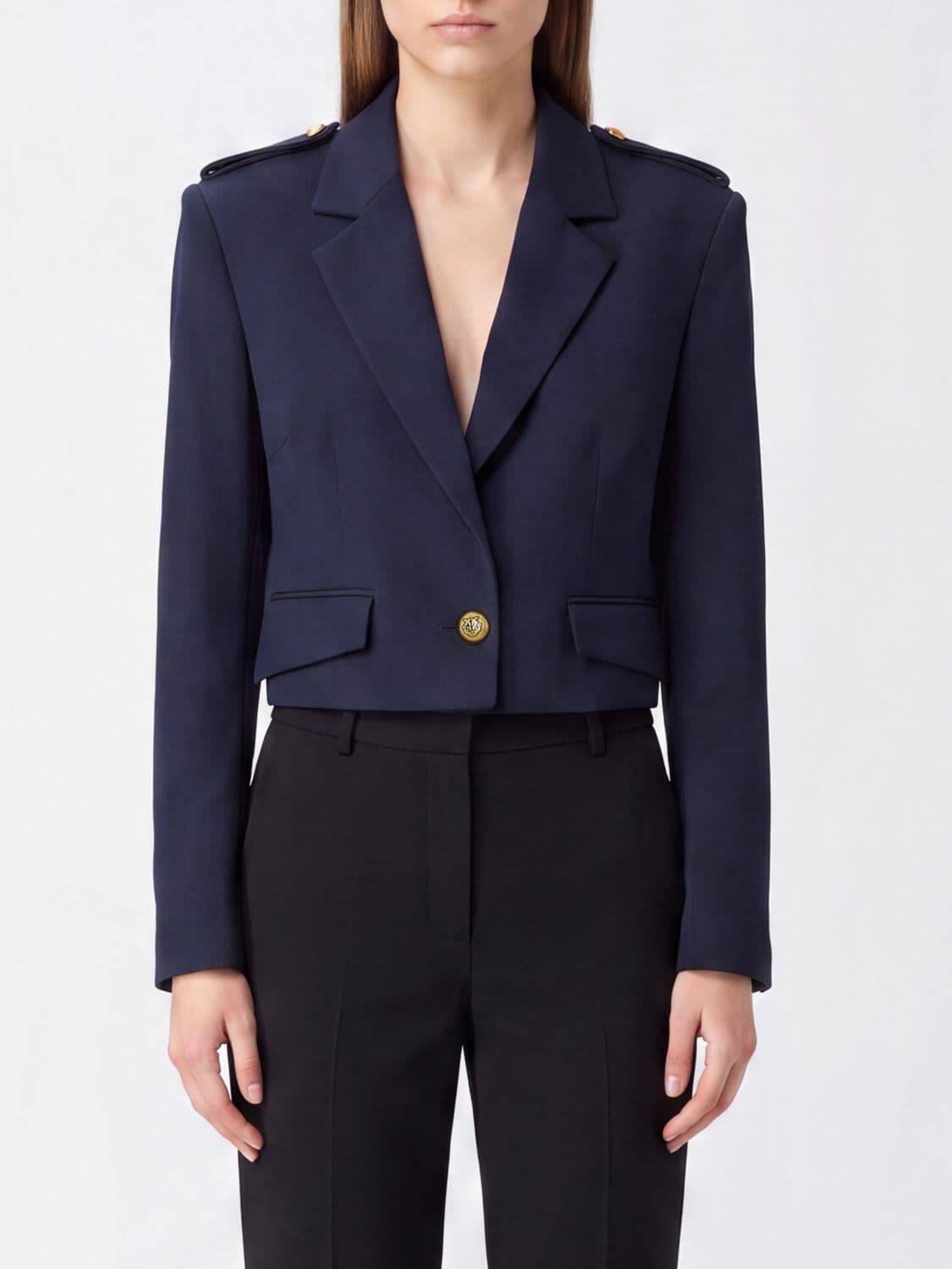 Pinko Cropped Single-Breasted Military Blazer in Wool Blend with Peak Lapels