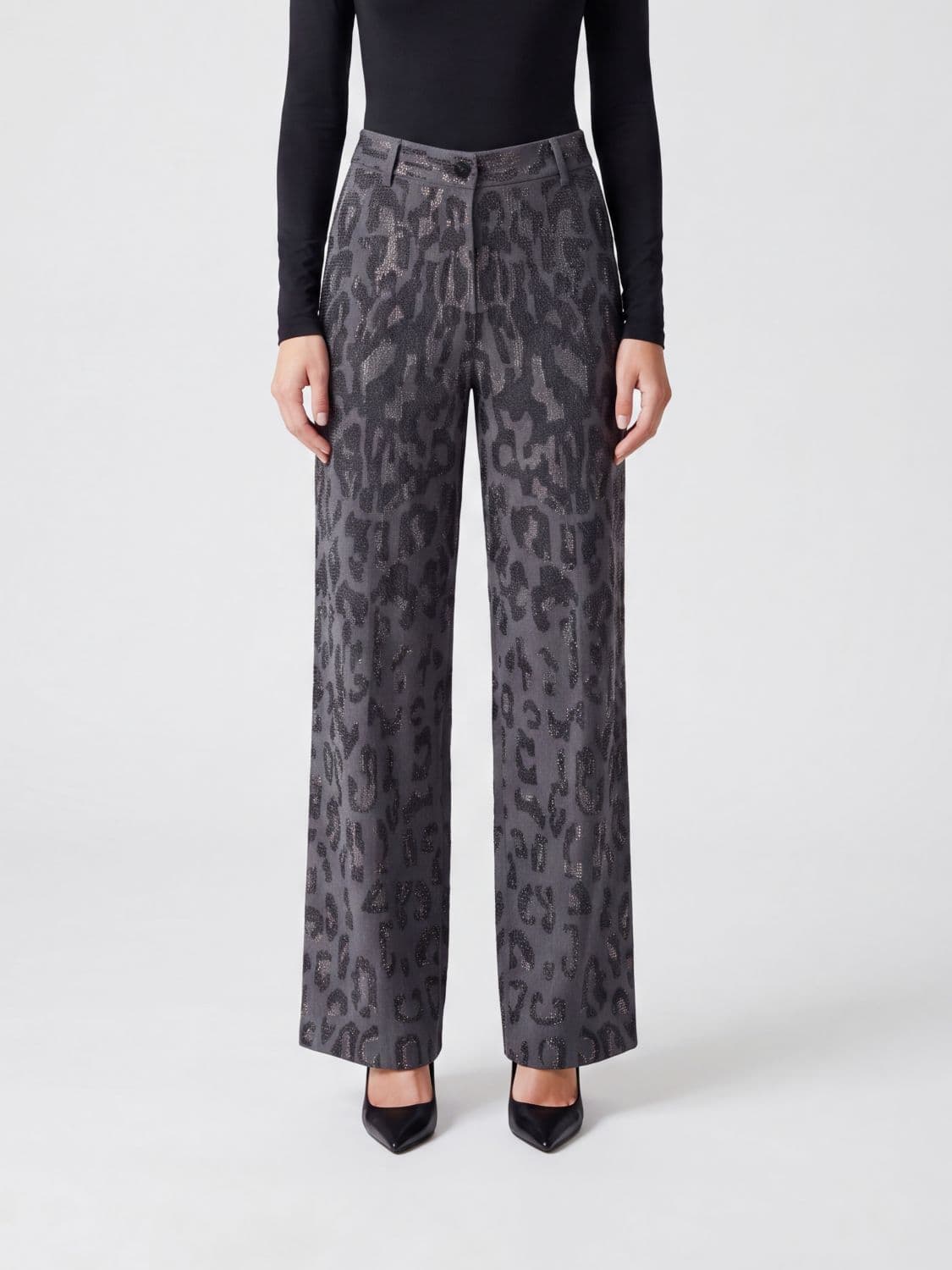 Pinko Jeep Animalier Embroidered Wide-Leg Crêpe Trousers with Rhinestones