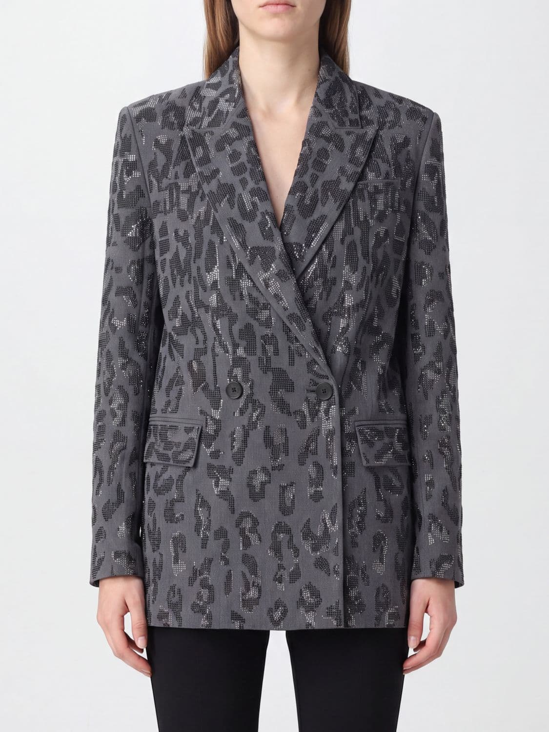 Pinko Short Double-Breasted Blazer with Animal Print and Rhinestone Embroidery