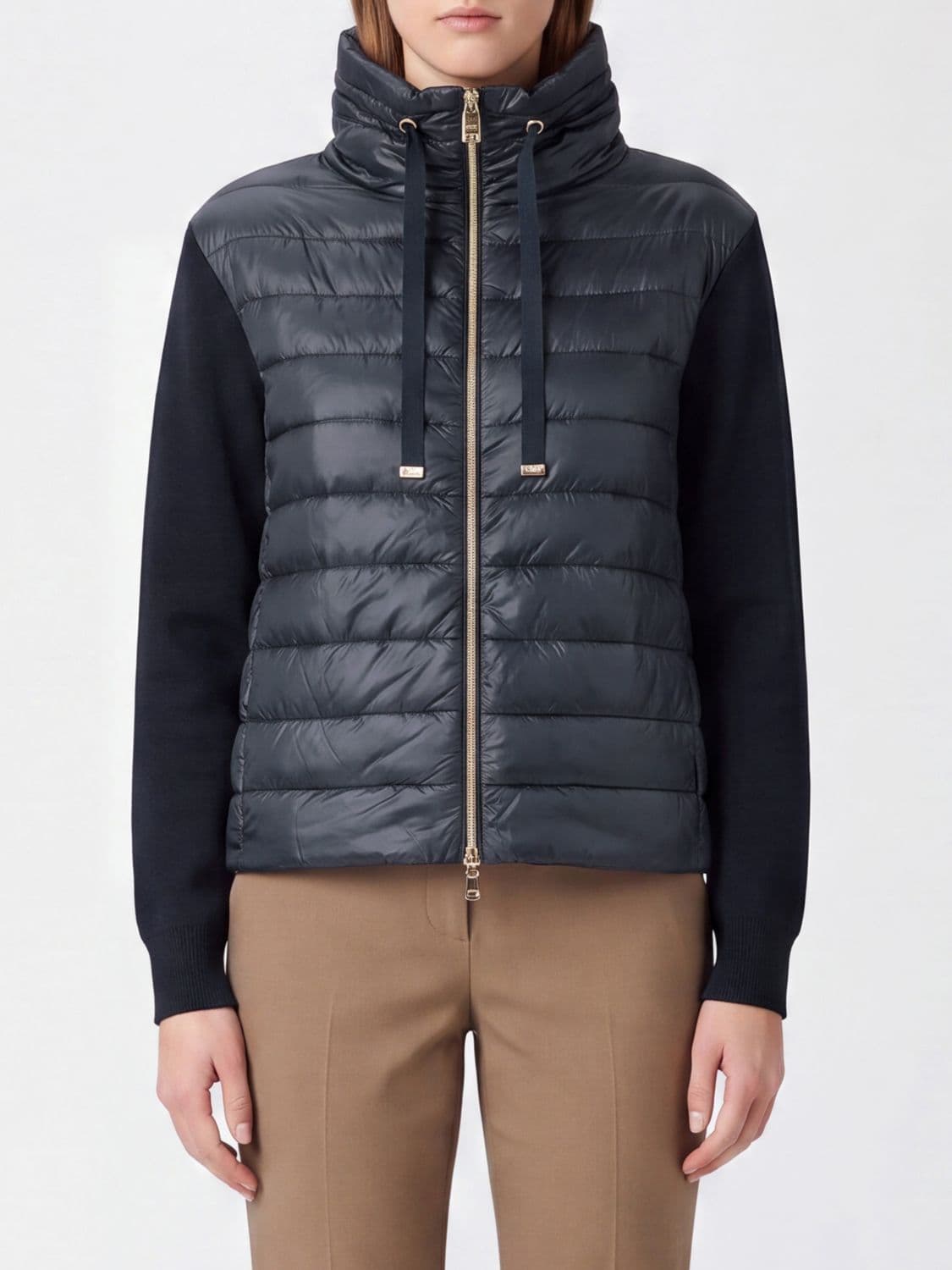 Herno Hooded Cropped Down Jacket with Cotton and Nylon Knit Inserts