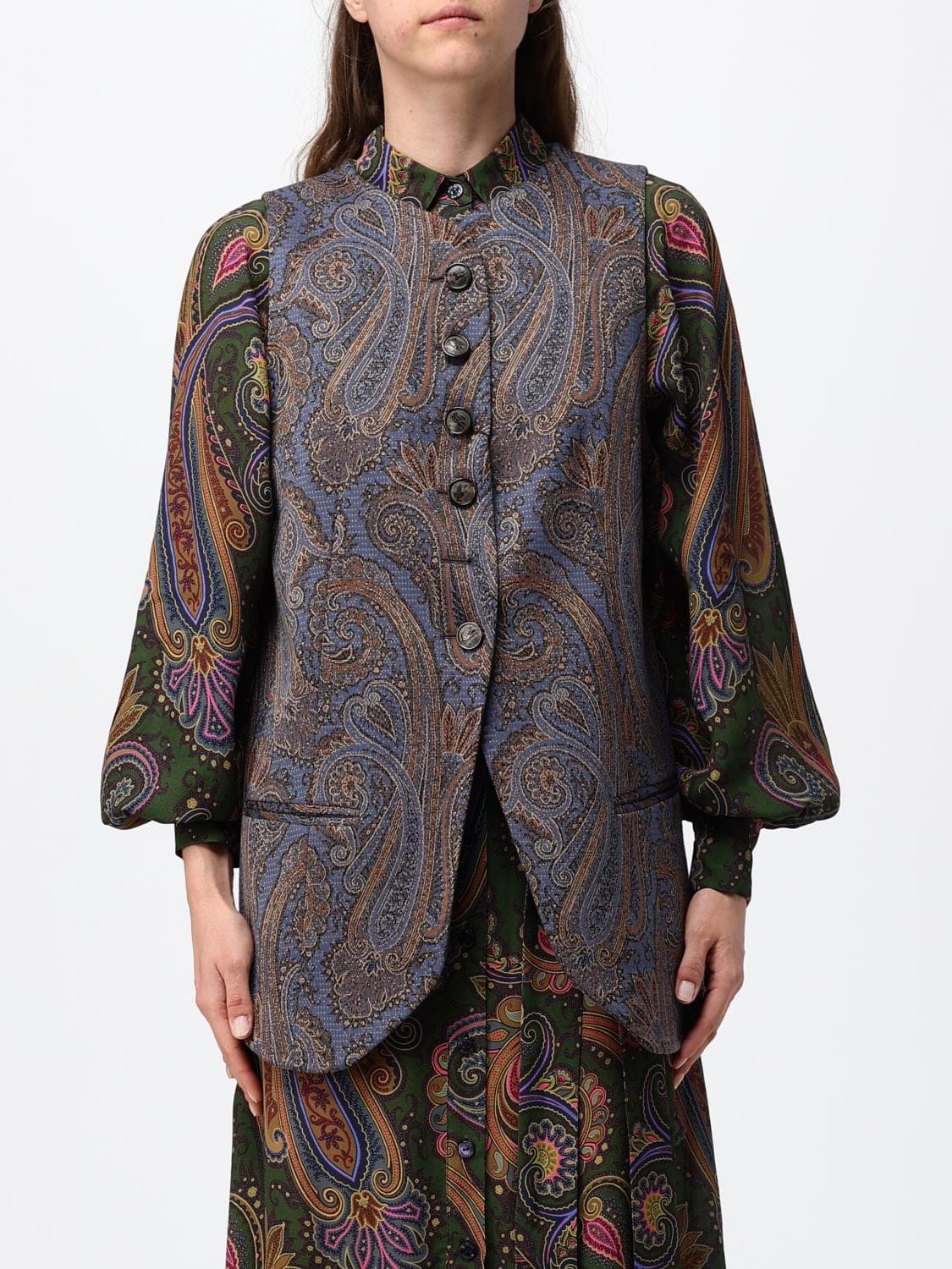 Etro Paisley Print Tailored Cotton-Blend Waistcoat with Crew Neck