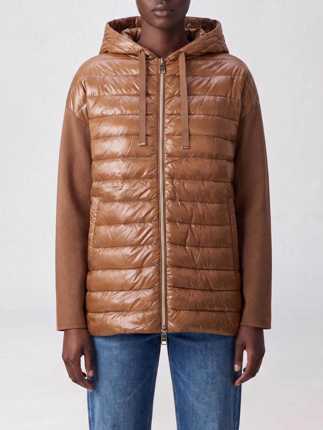 Herno Short Down Jacket in Ultra-Light Nylon with Hood and Cotton Knit Details
