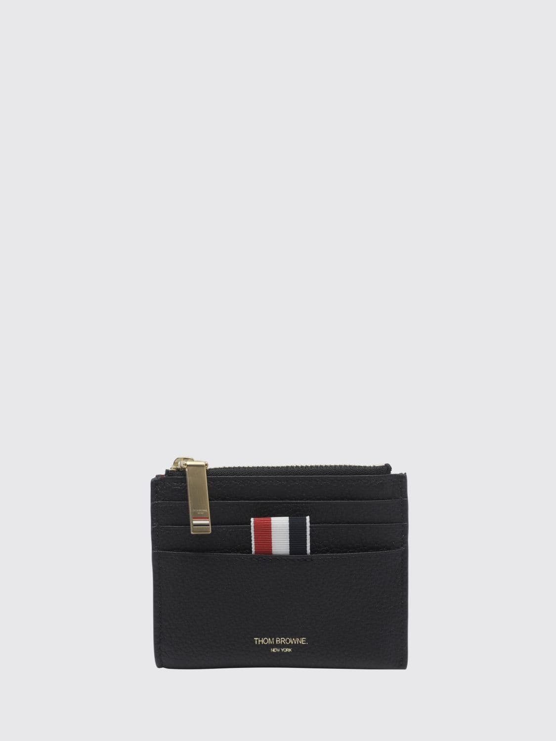 Thom Browne Pebbled Leather Card Holder with Tricolour Tab · OS