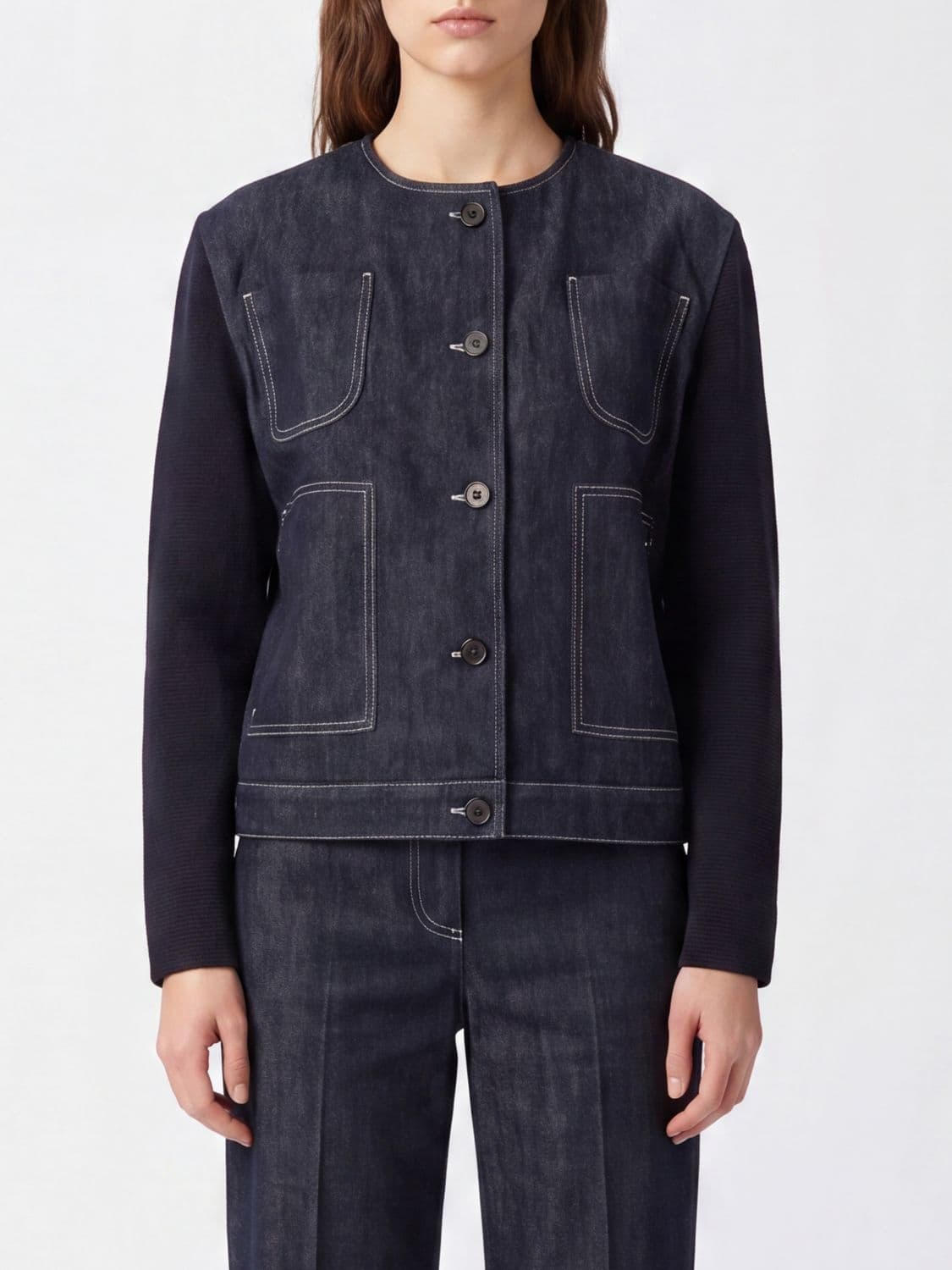 Fabiana Filippi Cropped Denim Jacket with Crew Neck and Contrast Stitching