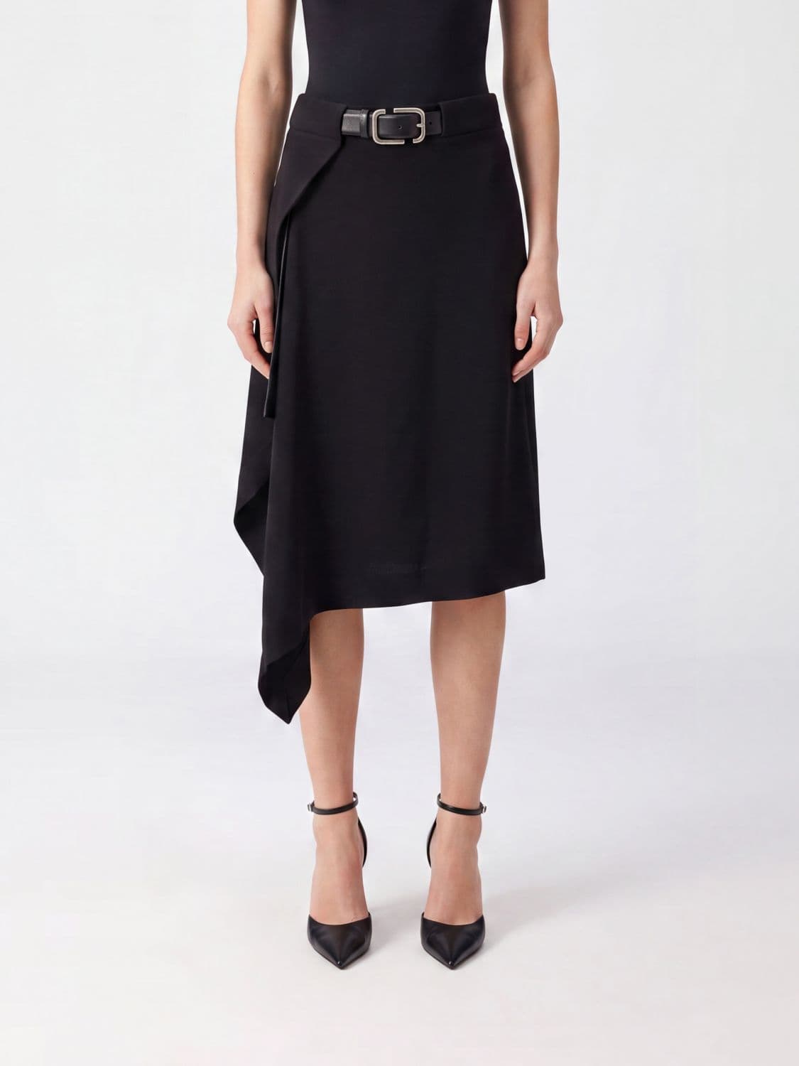 The Attico Asymmetrical Virgin Wool Midi Skirt with Adjustable Belt
