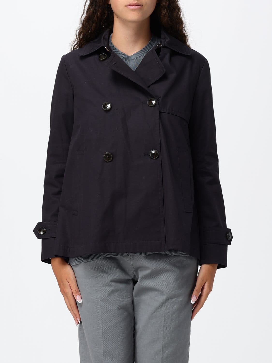 Herno Short Double-Breasted Trench Coat in Cotton with Hood and Cuff Straps