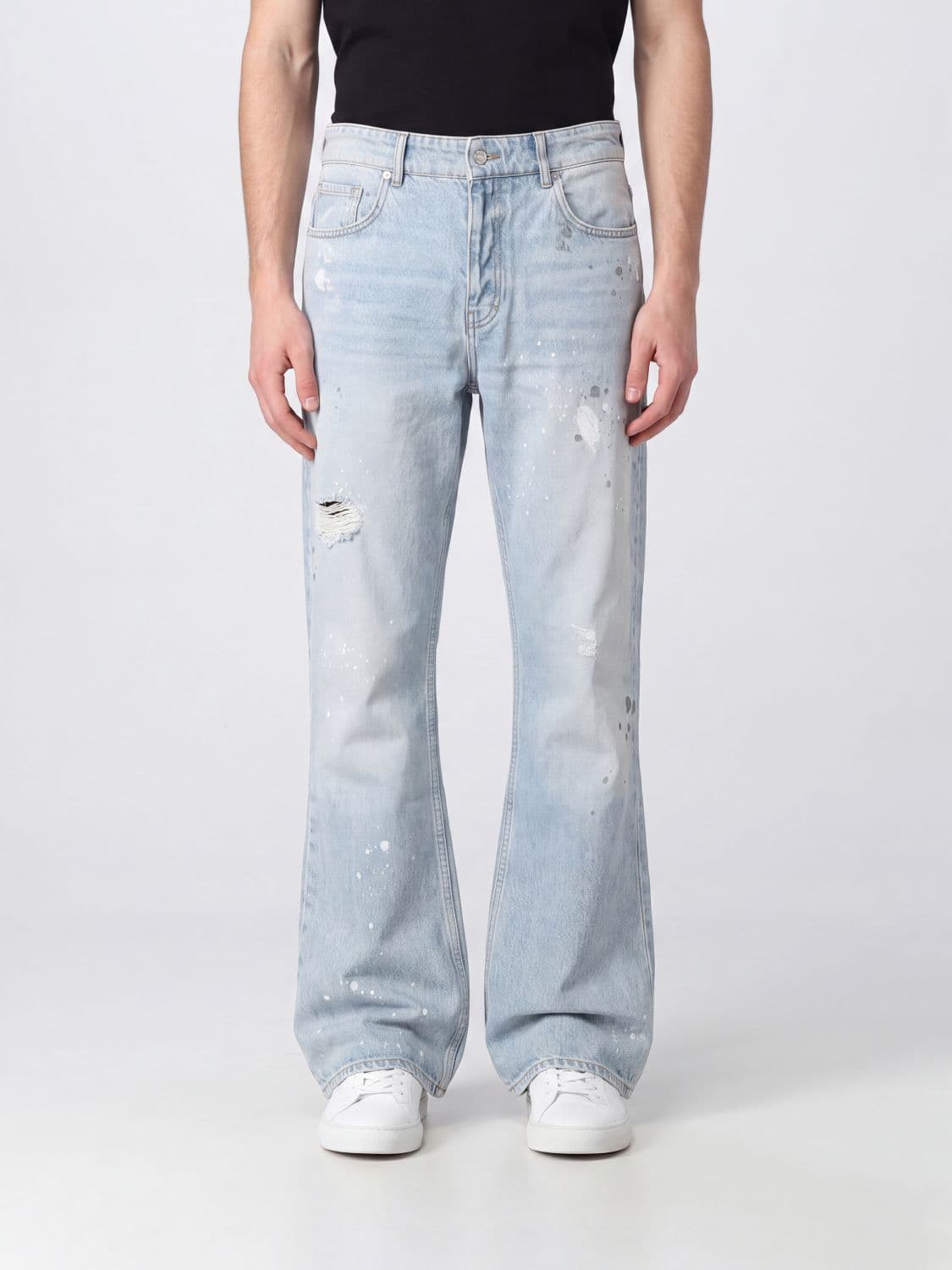 Represent Flared Distressed Cotton Denim Jeans with Abstract Pattern
