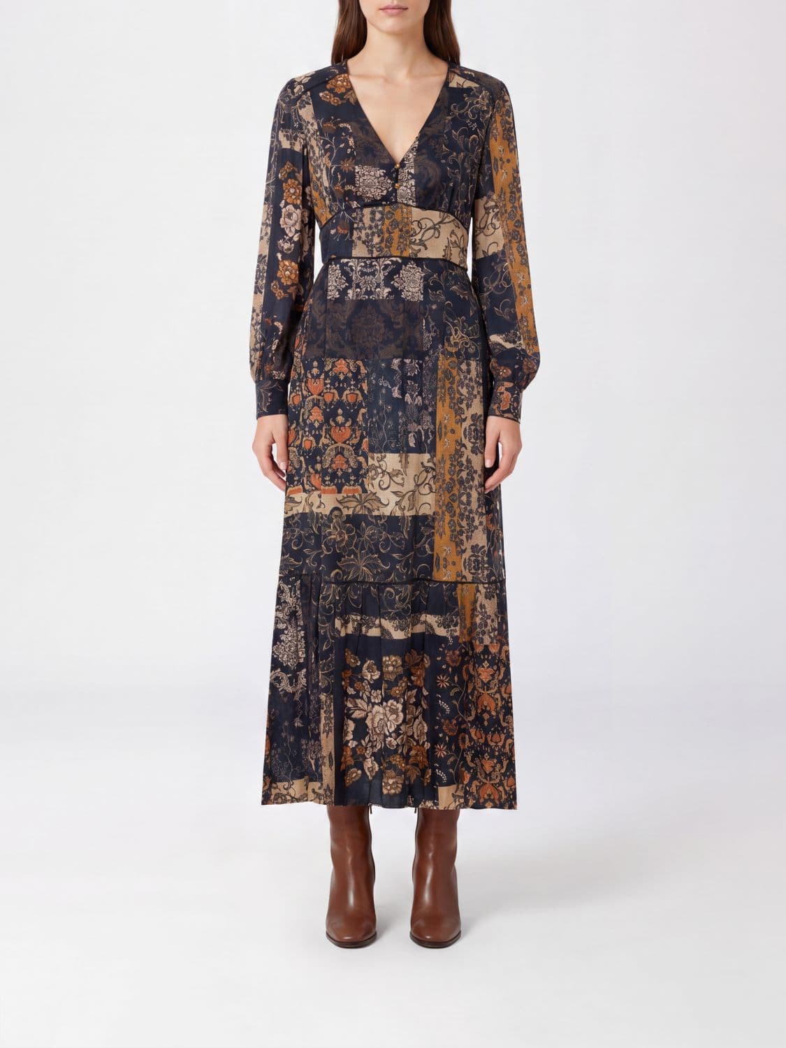 Liu Jo Paisley Print Viscose Midi Dress with V-Neck and Long Sleeves