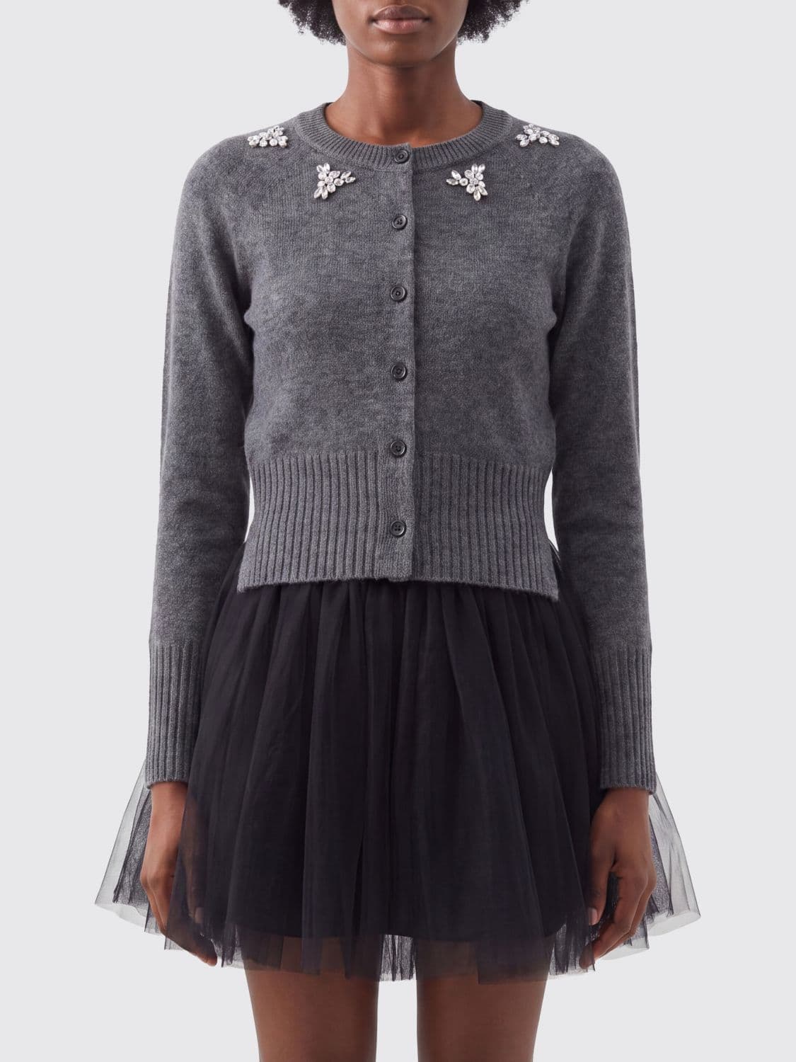 Simone Rocha Crewneck Cardigan in Pure Cashmere with Embroidered Rhinestones