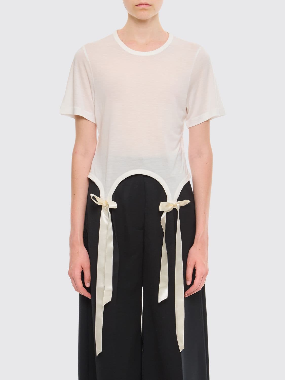 Simone Rocha Sheer Lyocell T-Shirt with Embroidery and Bow