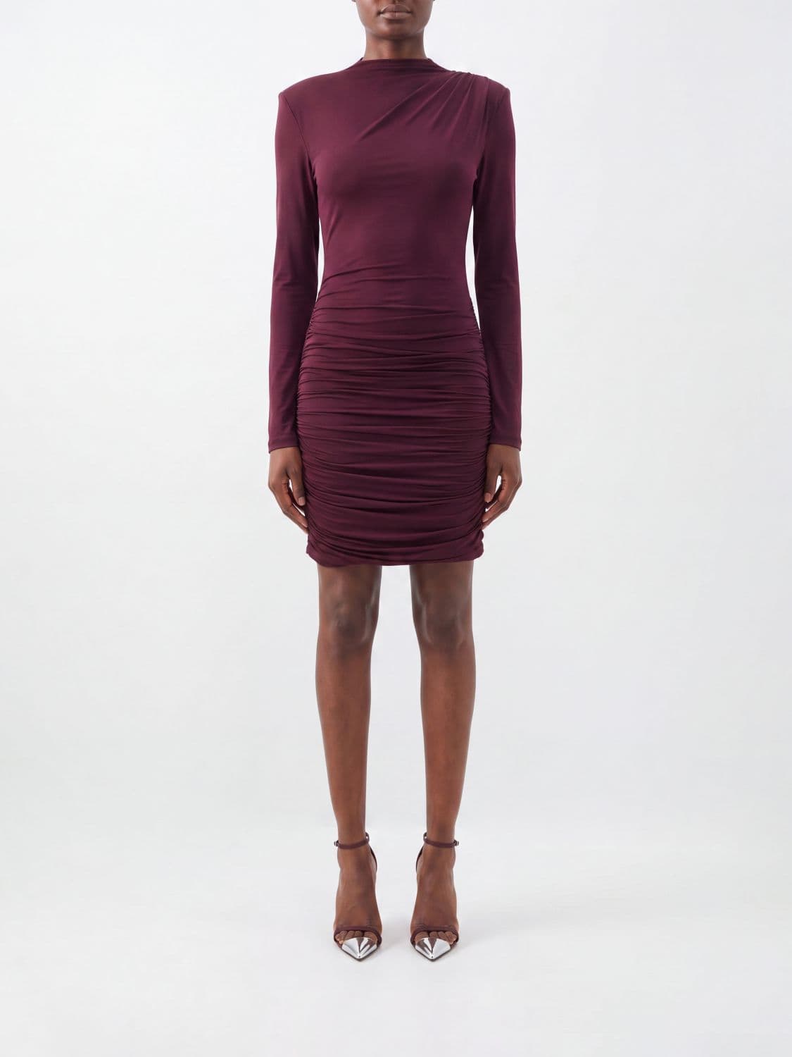 Rotate Draped Jersey Mini Sheath Dress with Padded Shoulders