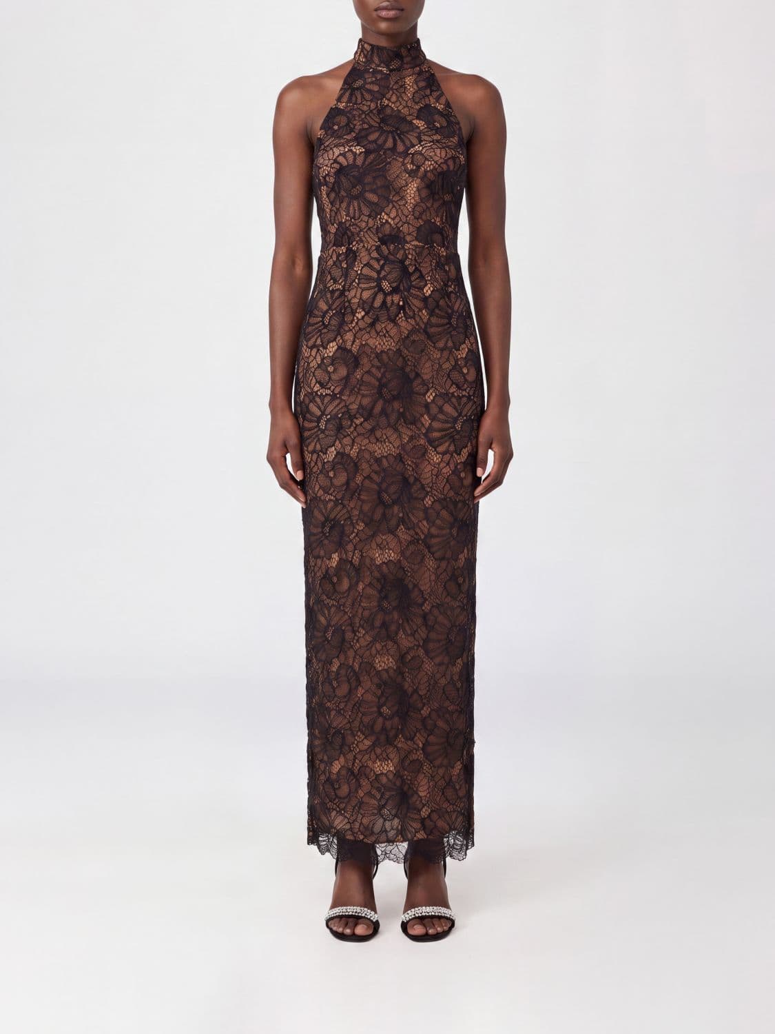 Rotate Slim Fit Lace Midi Sheath Dress with Halter Neck