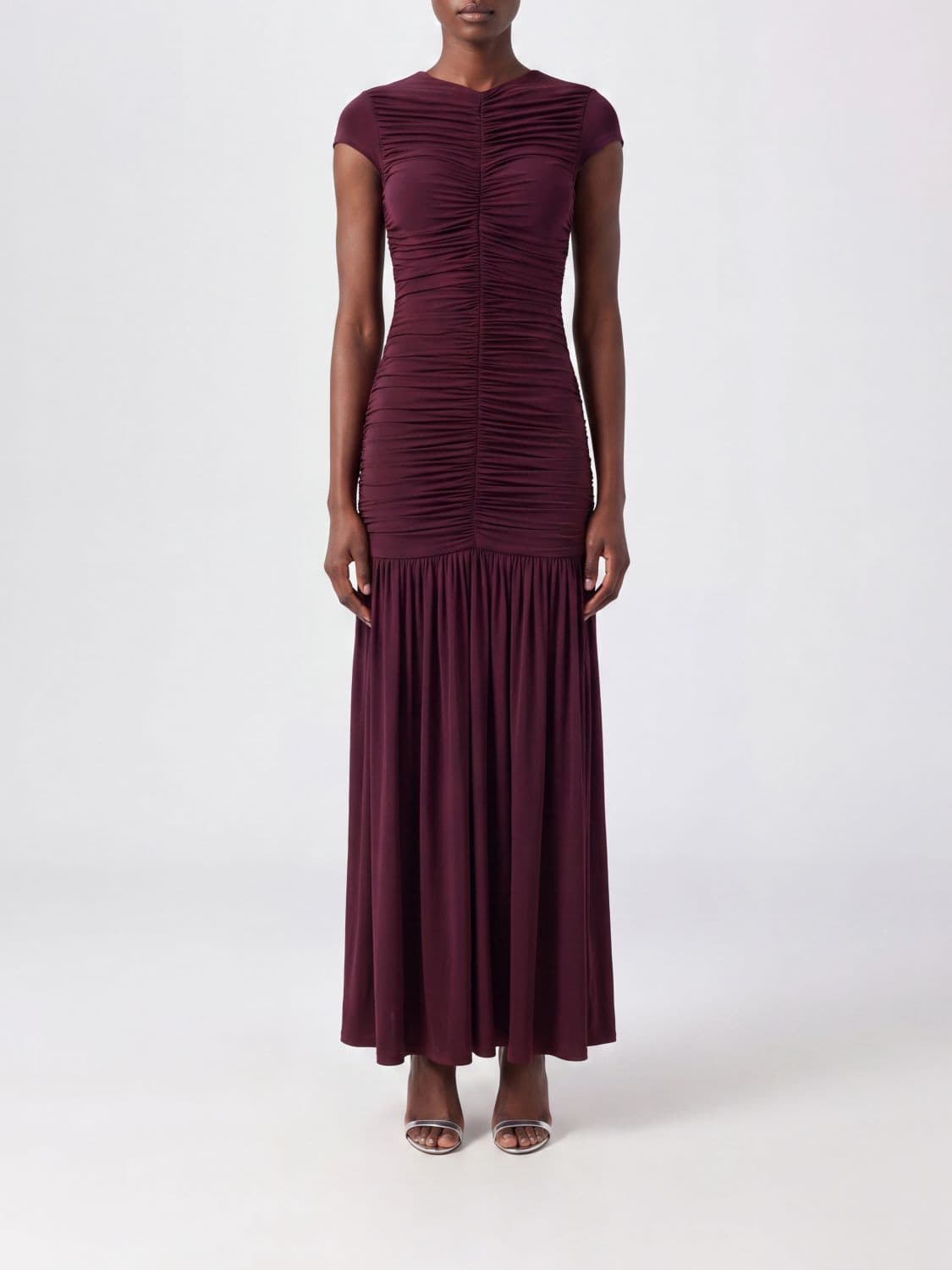 Rotate Draped Jersey Midi Dress with V-Neck and Ruched Waist