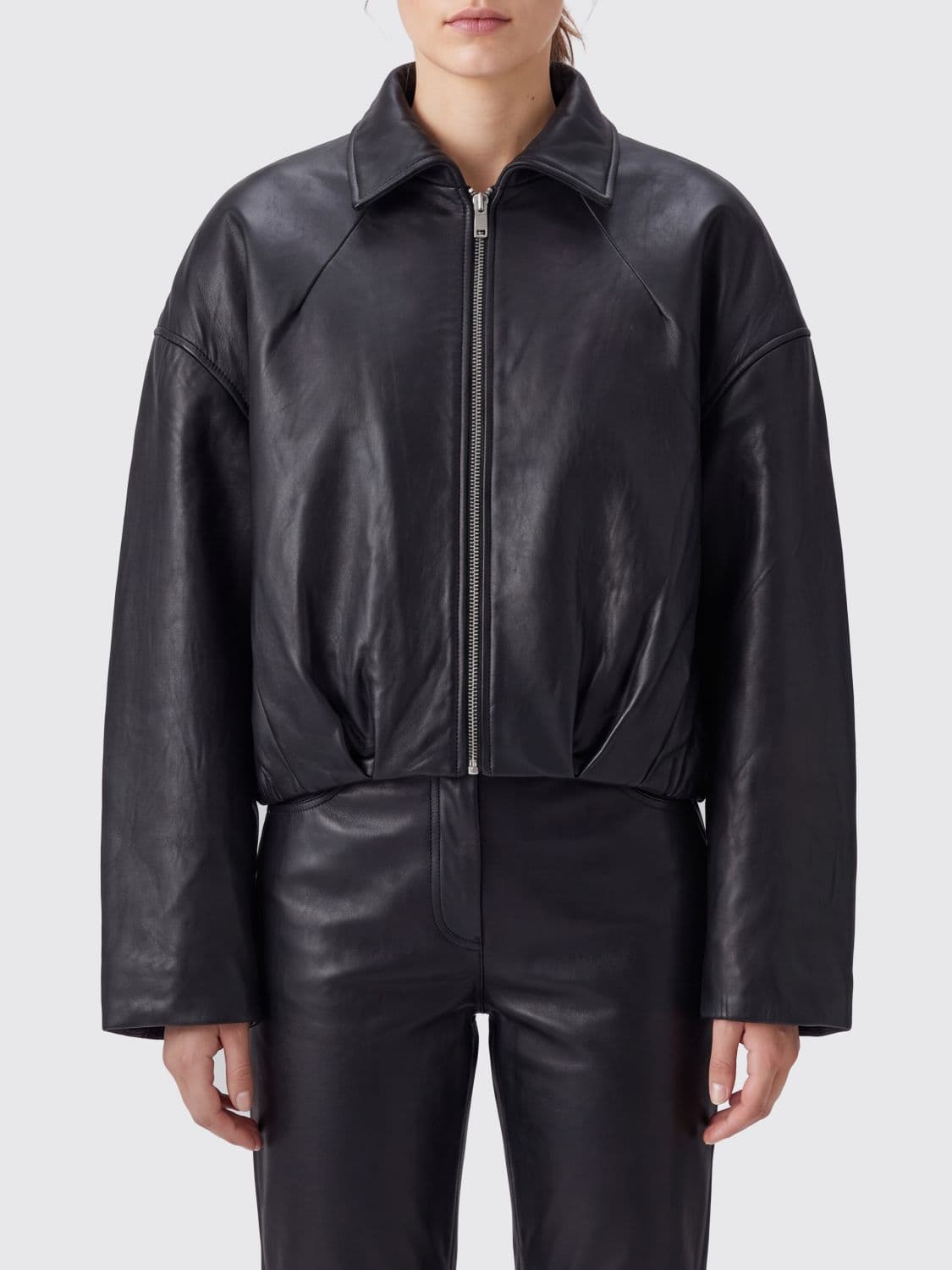 Rotate Cropped Relaxed-Fit Sheepskin Leather Shirt Jacket
