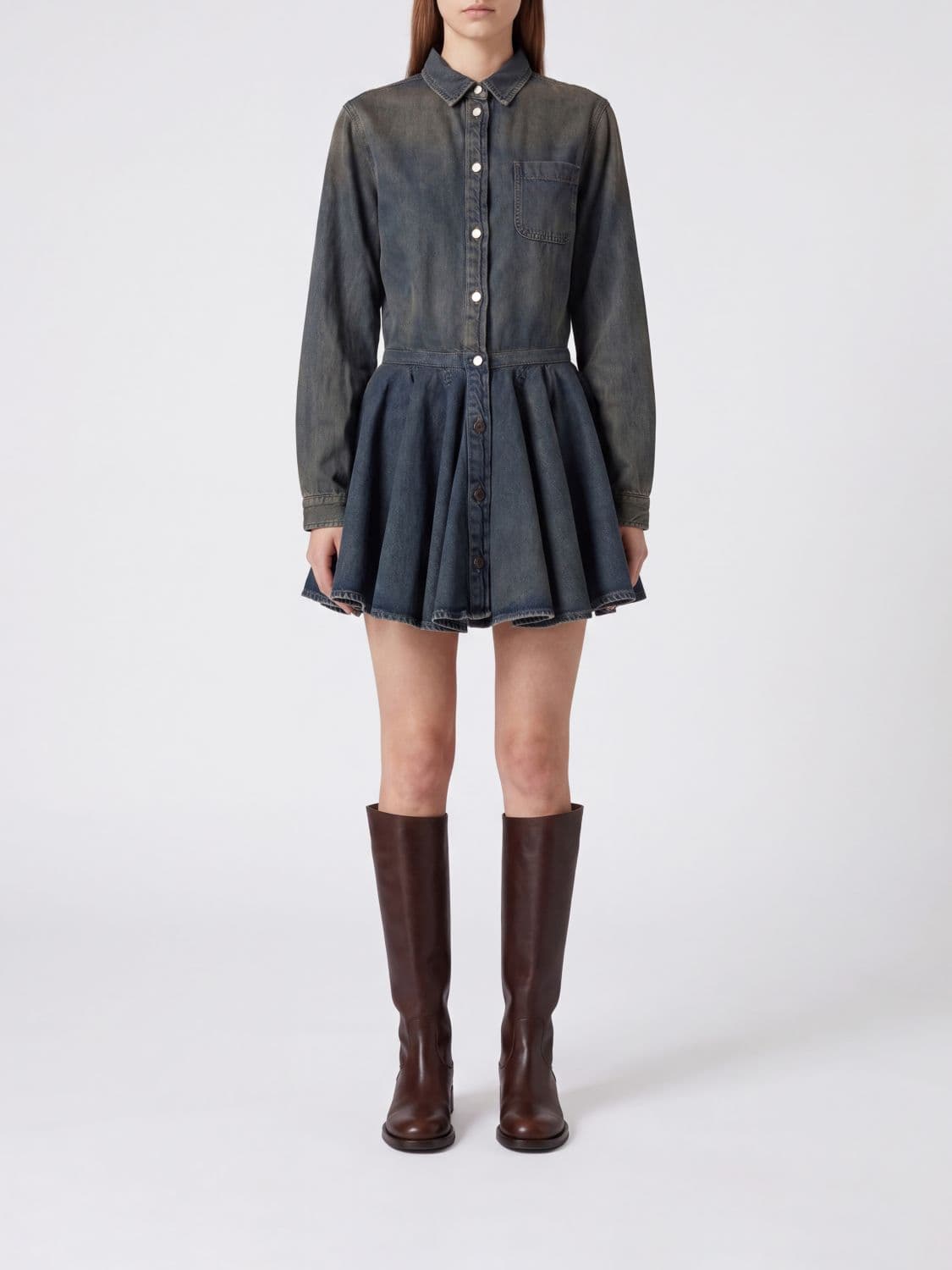 Haikure Cotton Denim Mini Shirtdress with Flared Skirt