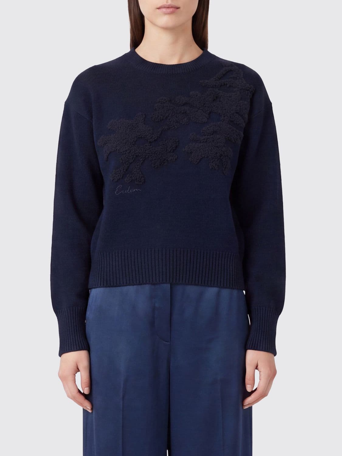 Erdem Crewneck Jumper in Pure Extrafine Merino Wool with Floral Motif