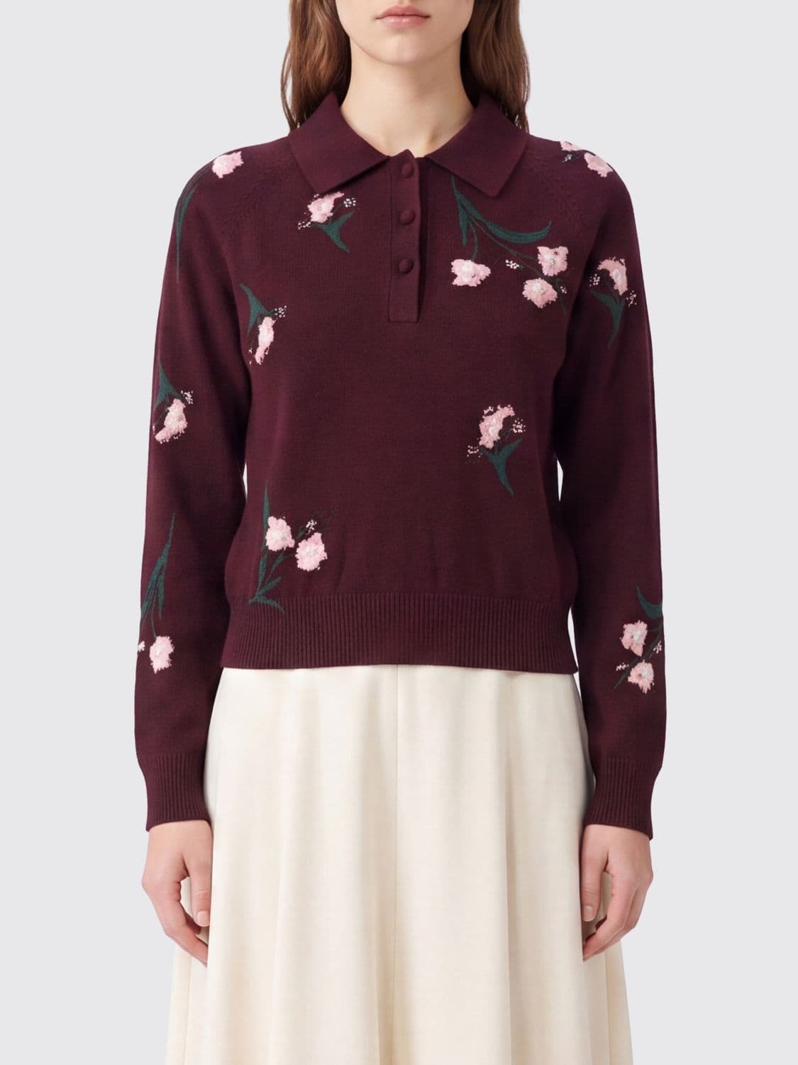 Erdem Slim Fit Knitted Polo in Pure Merino Wool with Floral Motif