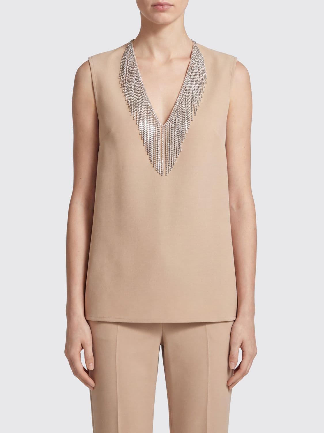 Sportmax V-Neck Sleeveless Slim-Fit Top with Jewel Fringes