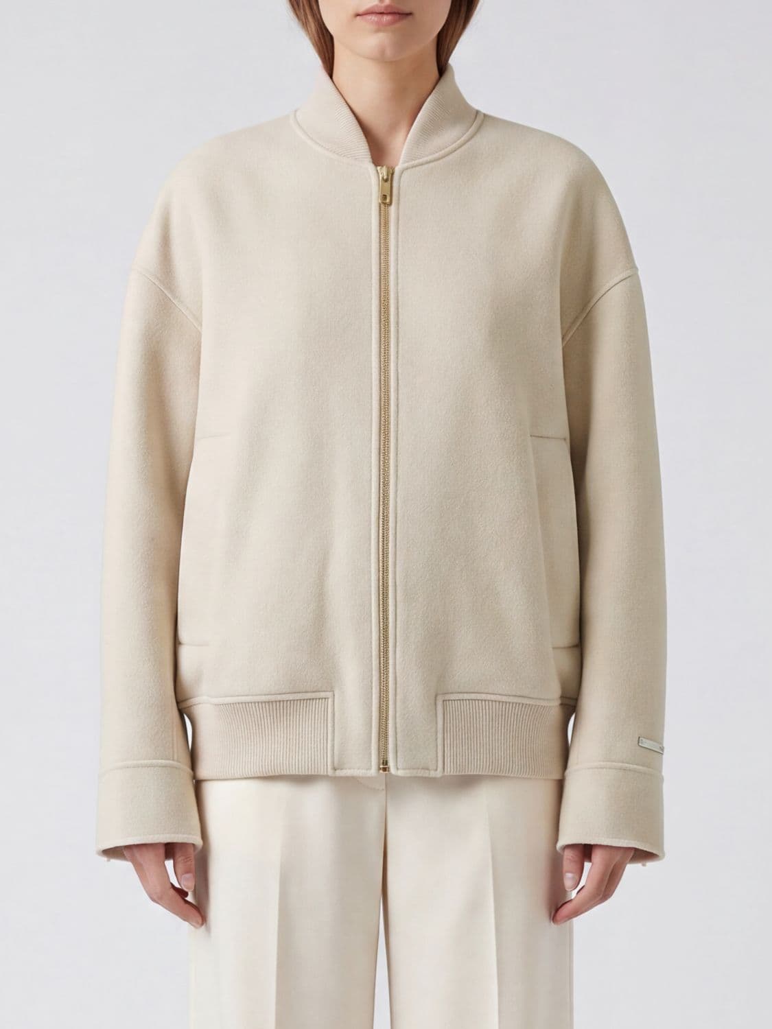 Sportmax Cropped Pure Virgin Wool Bomber Jacket with Contrast Logo