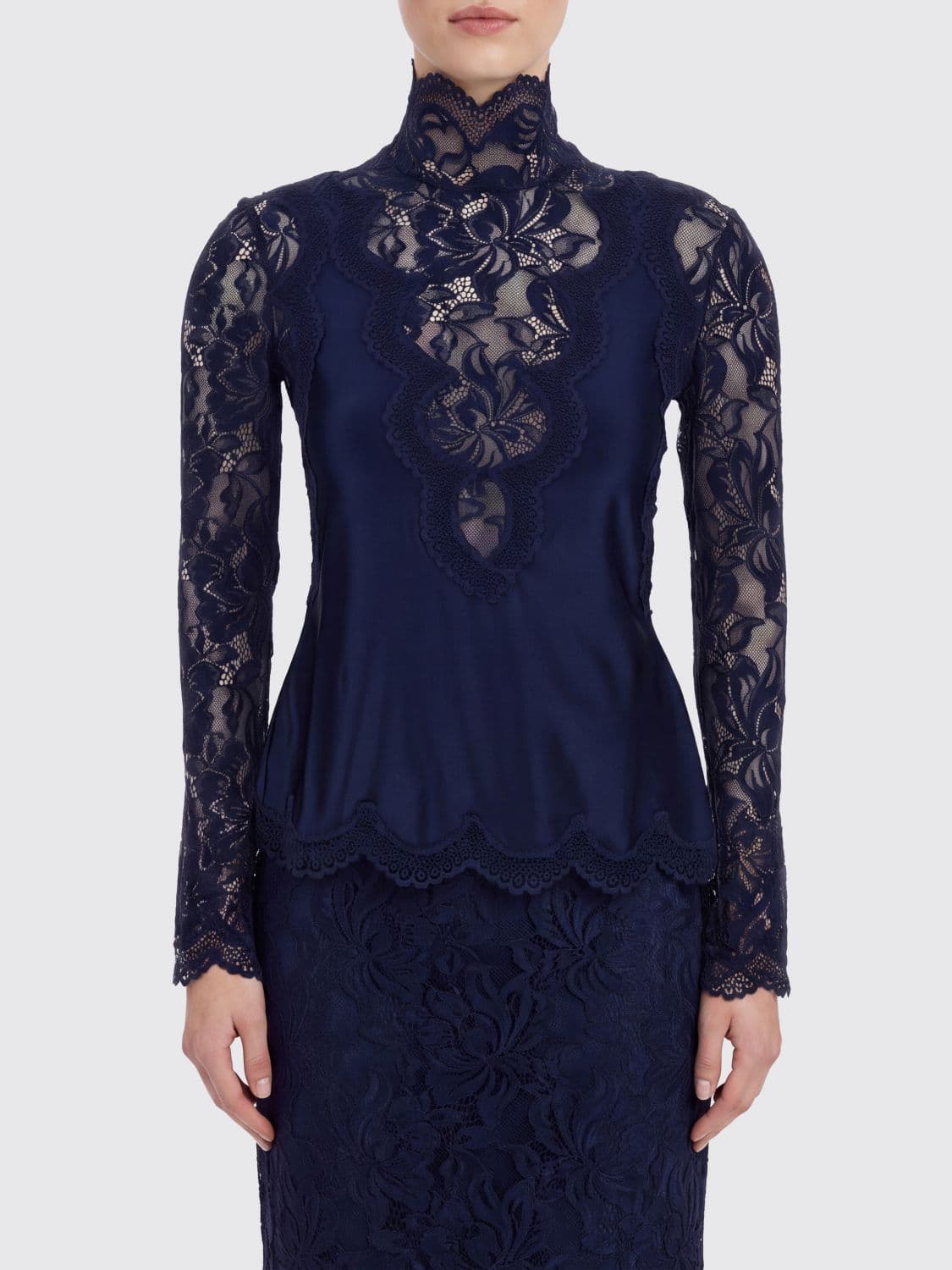 Rabanne Long-Sleeved Lace Roll Neck Top with Slim Fit
