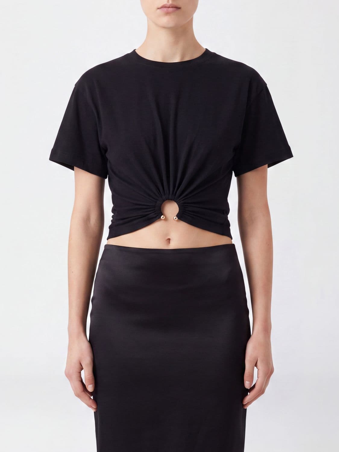 Rabanne Cropped Ruched Cotton T-shirt with Ring Detail