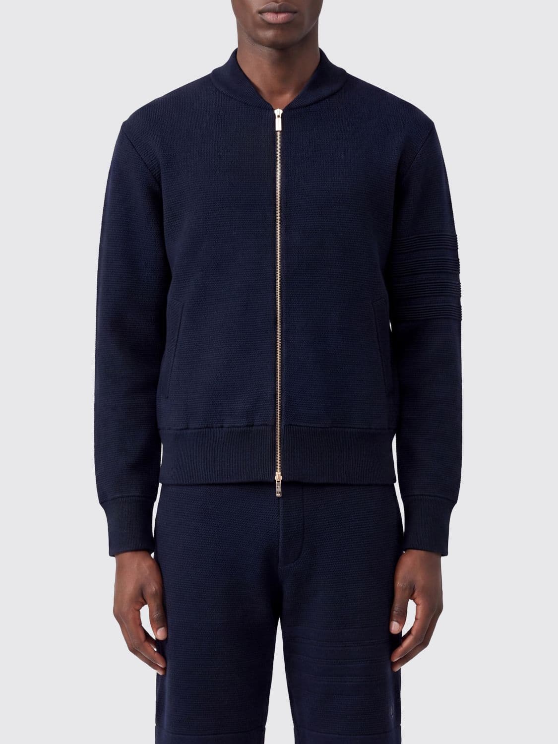 Thom Browne Wool Knit Zip-Up Sweatshirt with Bomber Collar and 4-Bar Motif