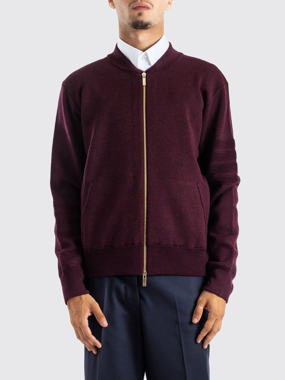 Thom Browne Wool Knit Zip-Up Sweatshirt with Bomber Collar and 4-Bar Motif