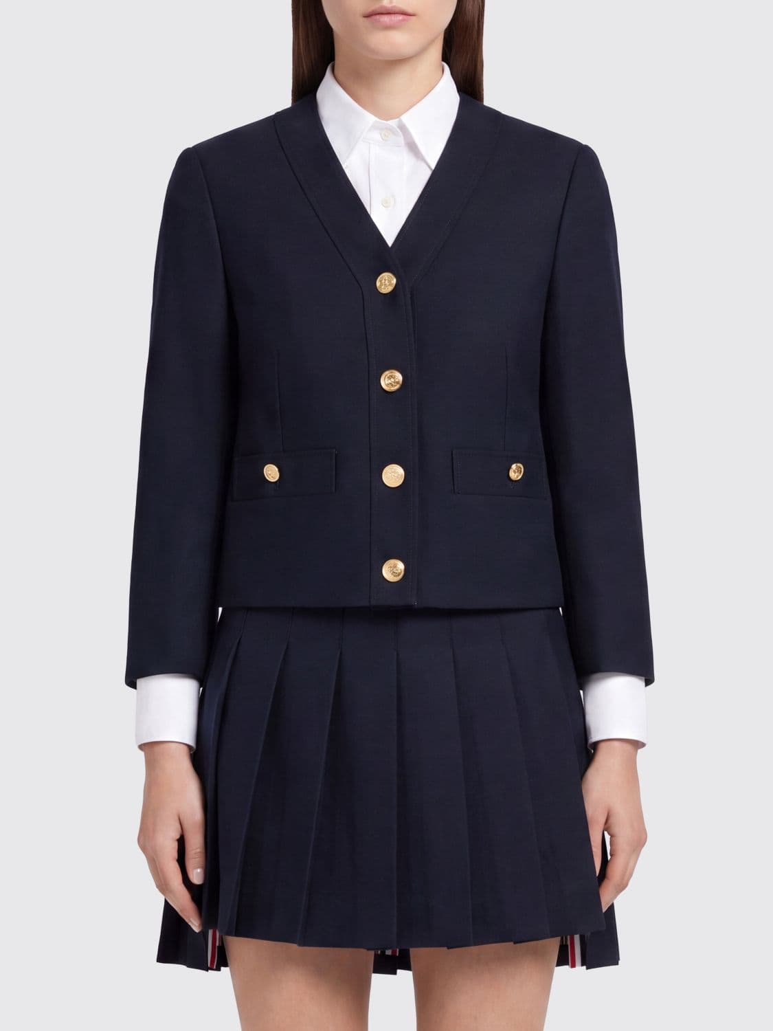 Thom Browne Cropped Slim Fit Blazer in Virgin Wool with 4-Bar Motif