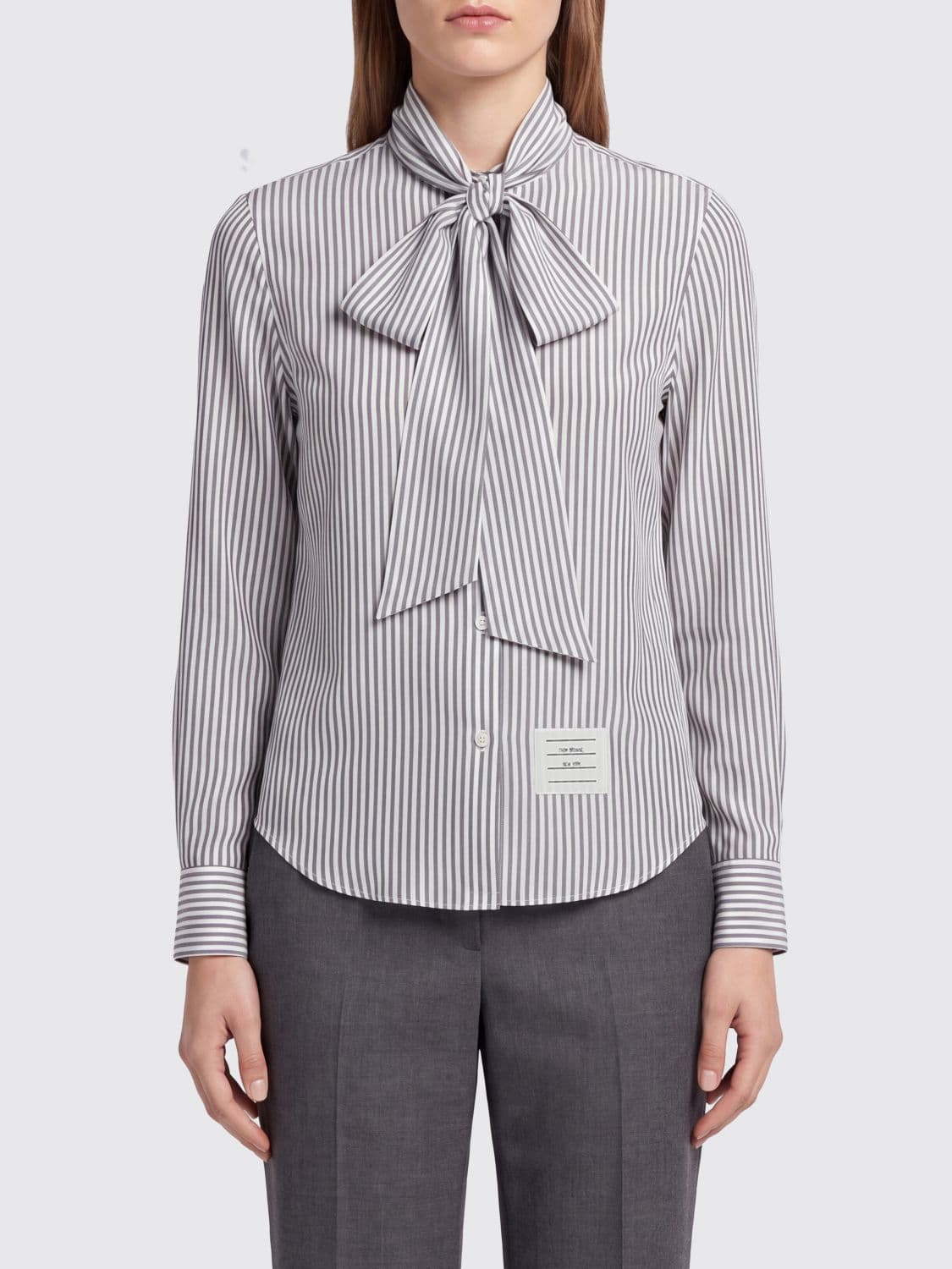 Thom Browne Striped Silk Blouse with Pussy-Bow Neck and Curved Hem