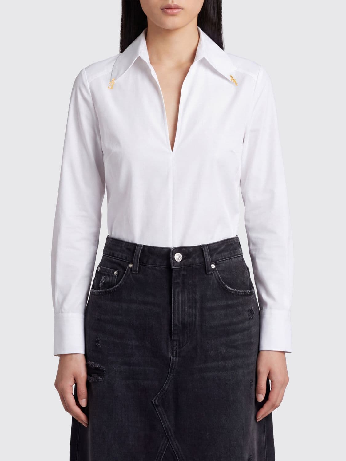 Elisabetta Franchi Slim Fit Stretch Cotton Shirt with Deep V-Neck
