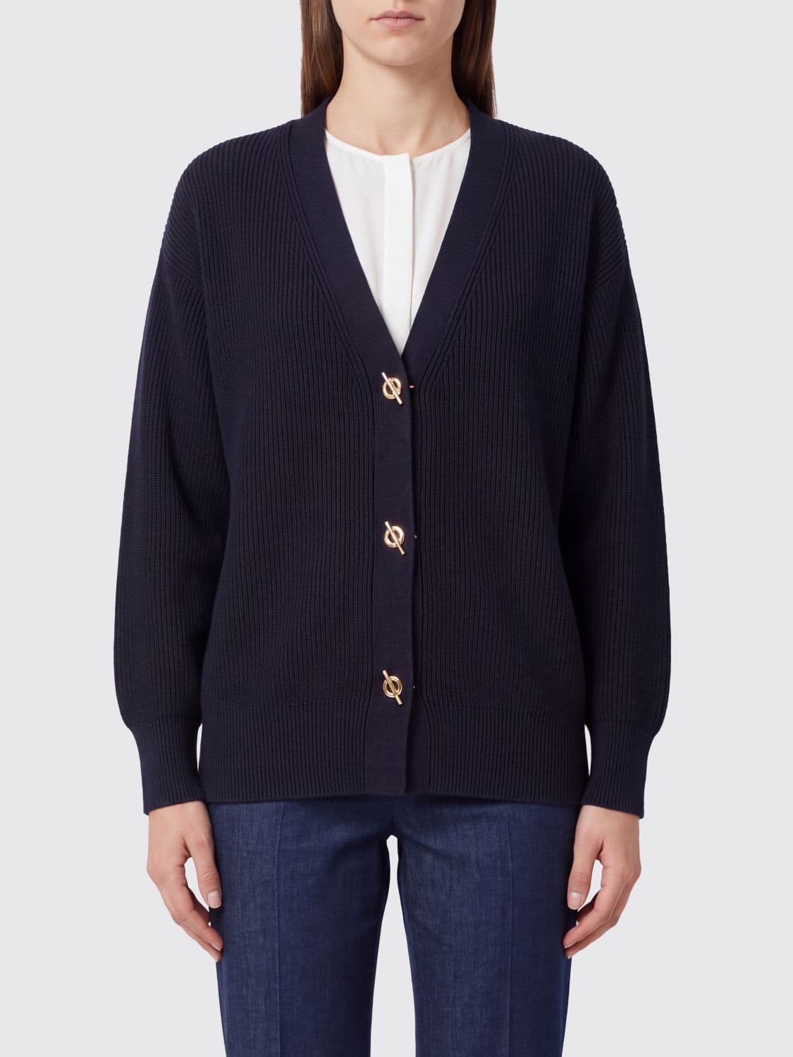 Elisabetta Franchi V-Neck Viscose Blend Cardigan with Dropped Shoulders