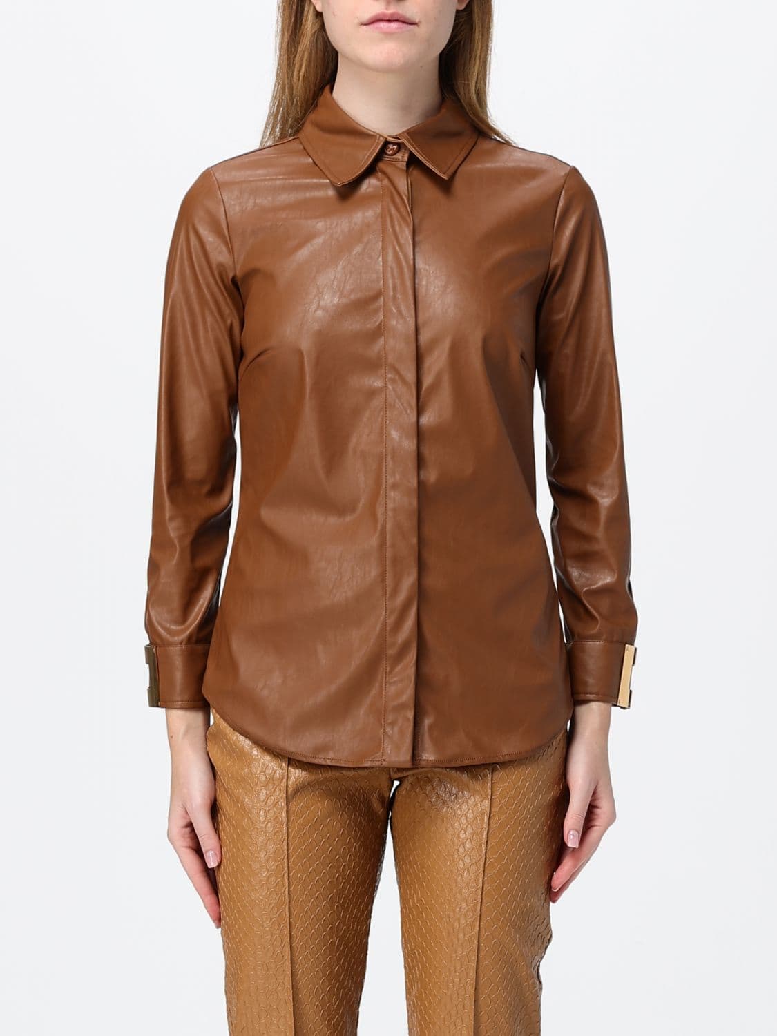 Elisabetta Franchi Slim-Fit Faux Leather Shirt with Logo Detail Cuffs