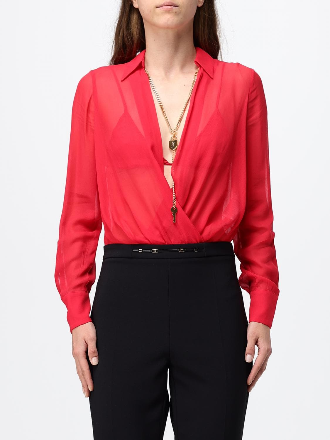 Elisabetta Franchi Bodysuit Shirt in Crêpe with Jewel Collar