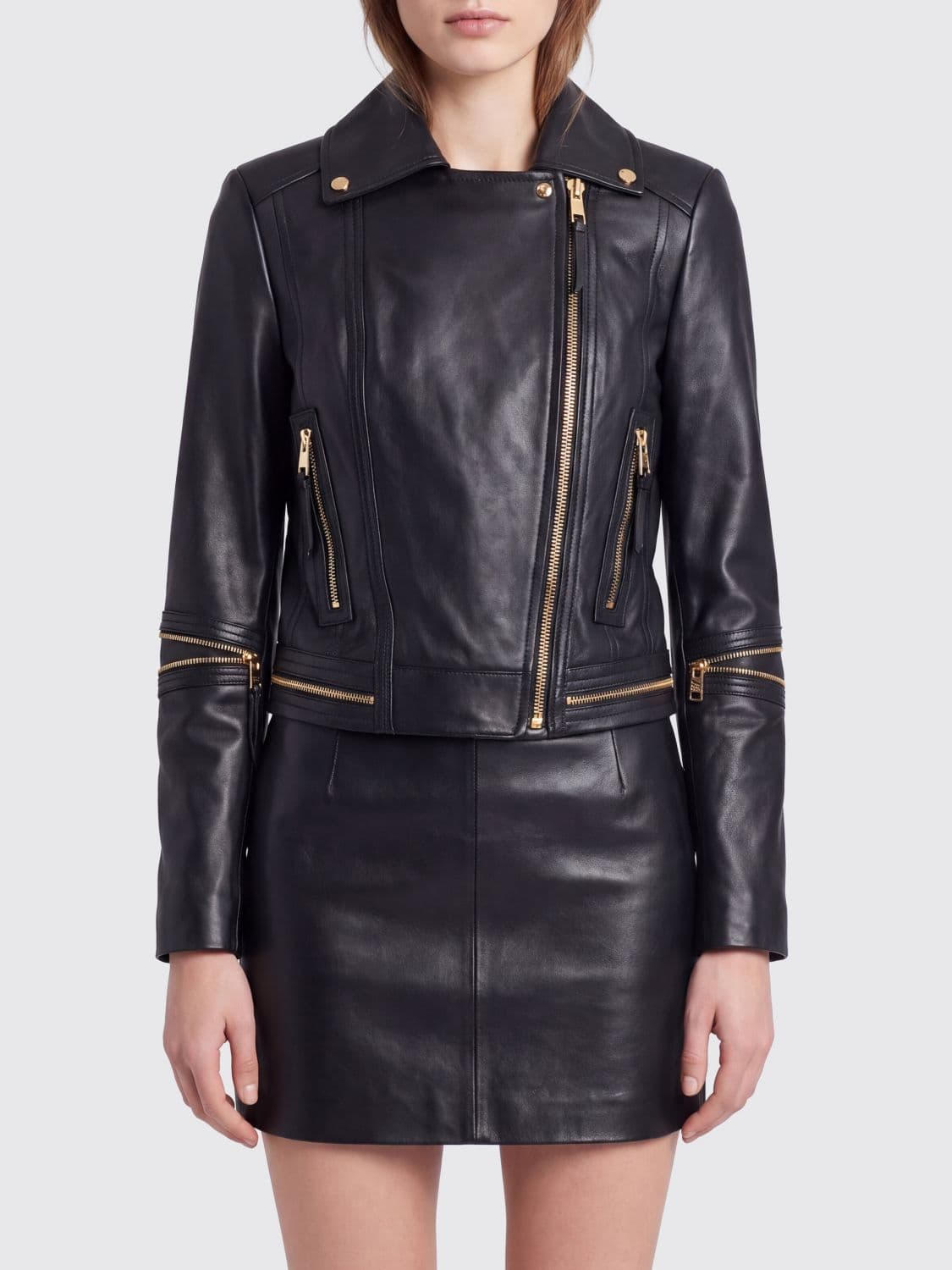 Elisabetta Franchi Slim-Fit Leather Biker Jacket with Asymmetrical Zip